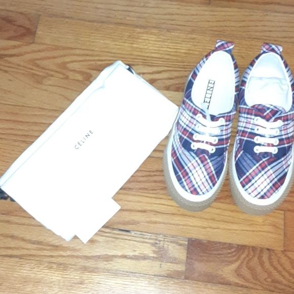 Celine Navy/ Camel Plaid Canvas Sneaker - Picture 3 of 5